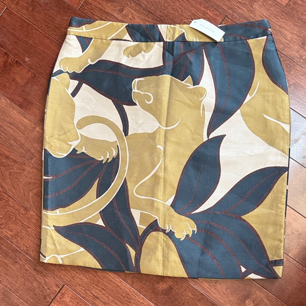 NWT Ann Taylor Blue Golden Tan Animal Puma Print Tapestry Pencil Skirt 14